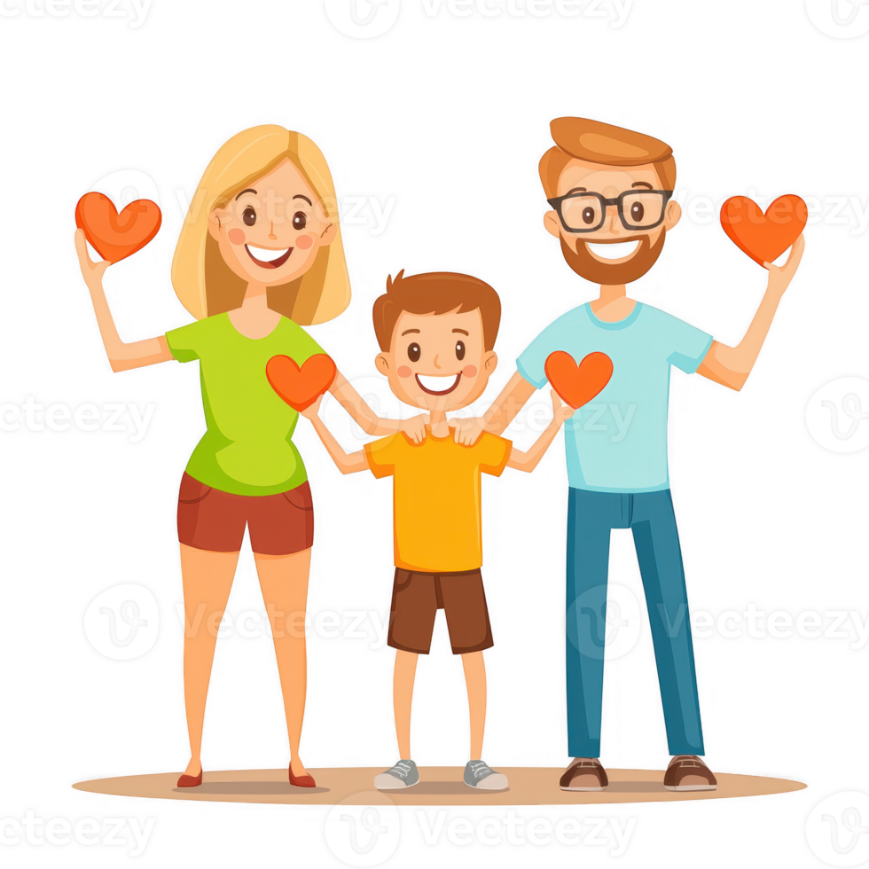 A cheerful family of three, holding hearts and smiling together, symbolizing love and unity png