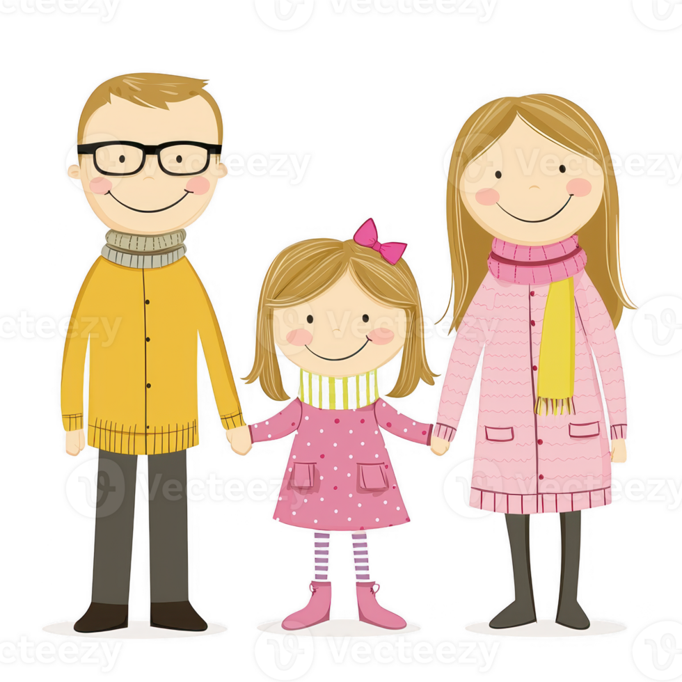 A cheerful family illustration featuring parents and their daughter, smiling and holding hands, showcasing love and warmth against a white isolated background. png