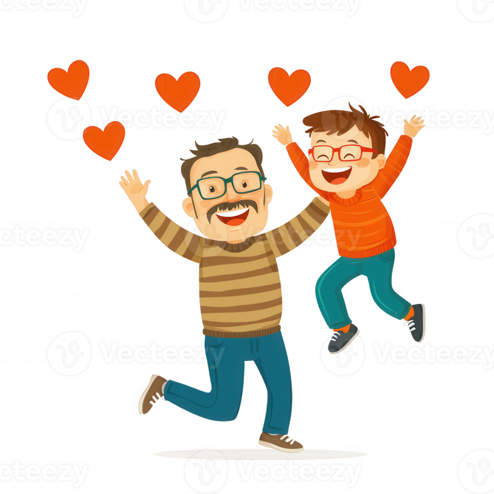 A cheerful father and son joyfully jumping together with hearts floating above. Perfect for celebrating love and family bonds. png