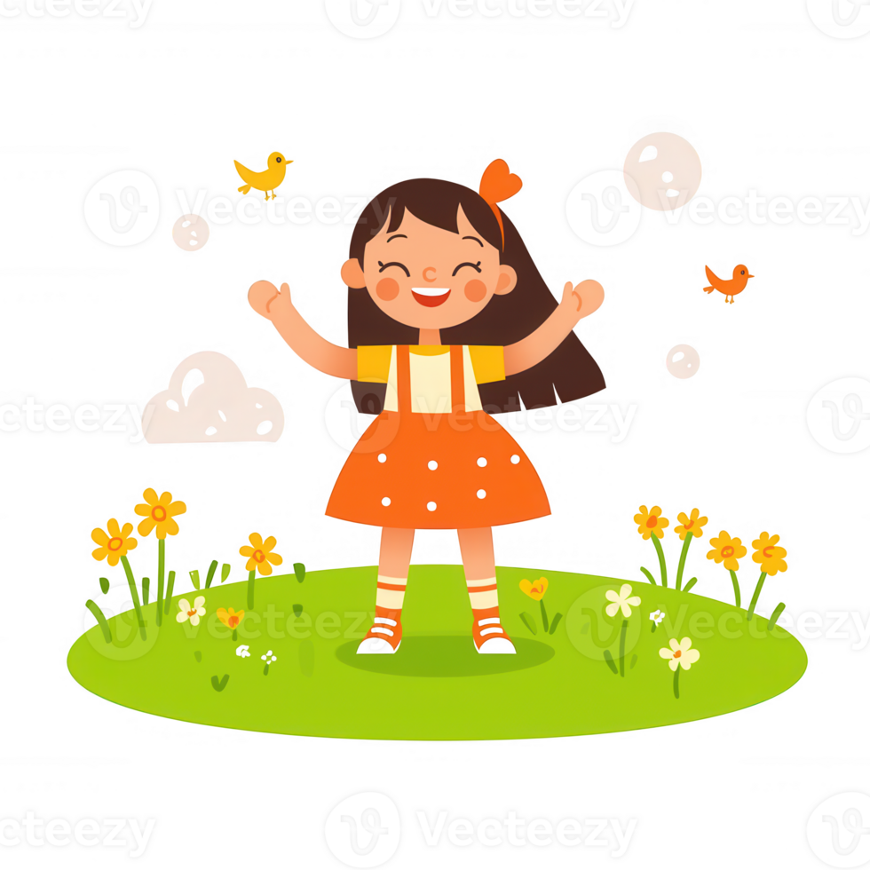 A cheerful girl in an orange dress playing outdoors, surrounded by flowers and birds, expressing joy and happiness, with a bright and colorful background. png