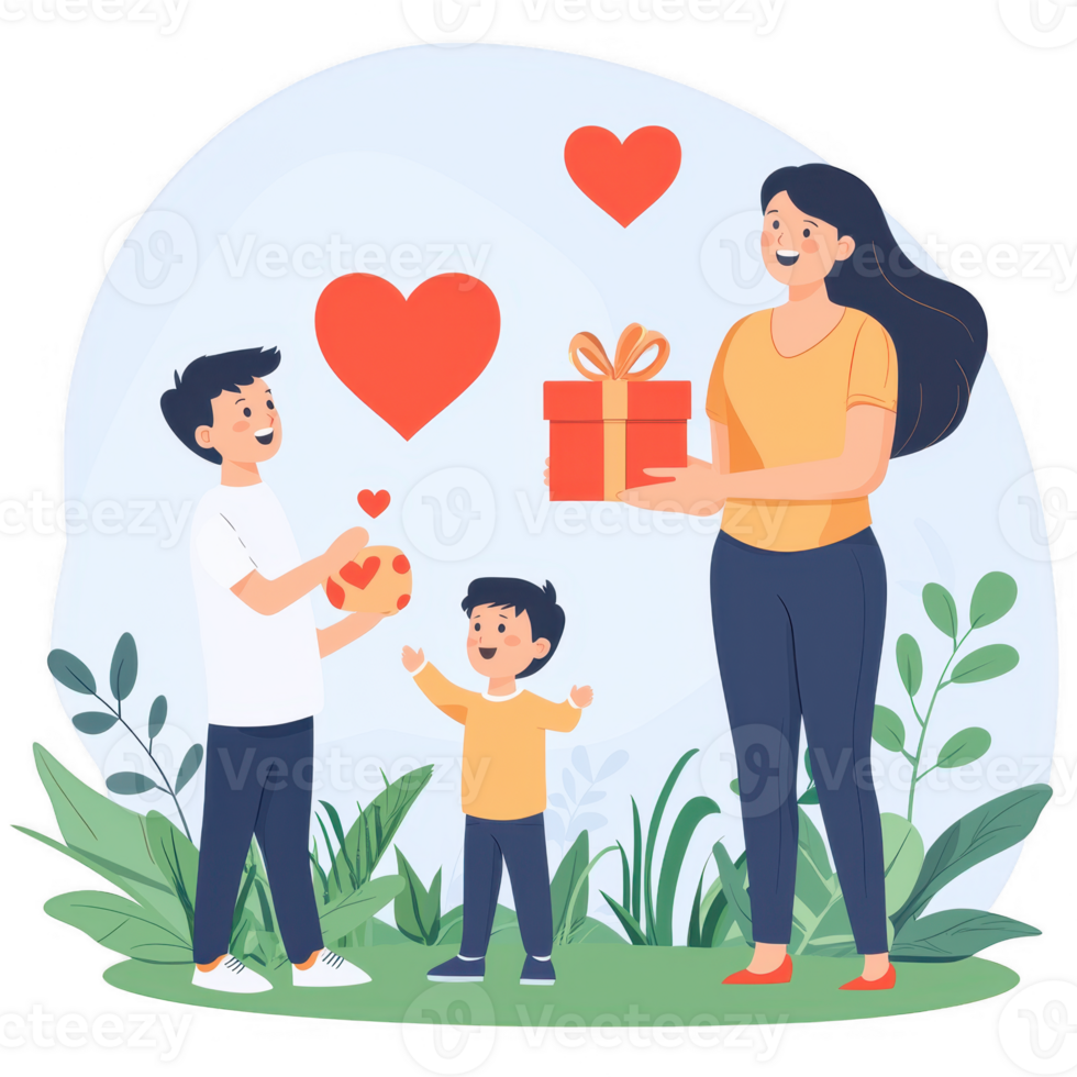 A cheerful family scene depicting a mother and two children exchanging gifts, surrounded by greenery and hearts. A joyful moment celebrating love and togetherness. png