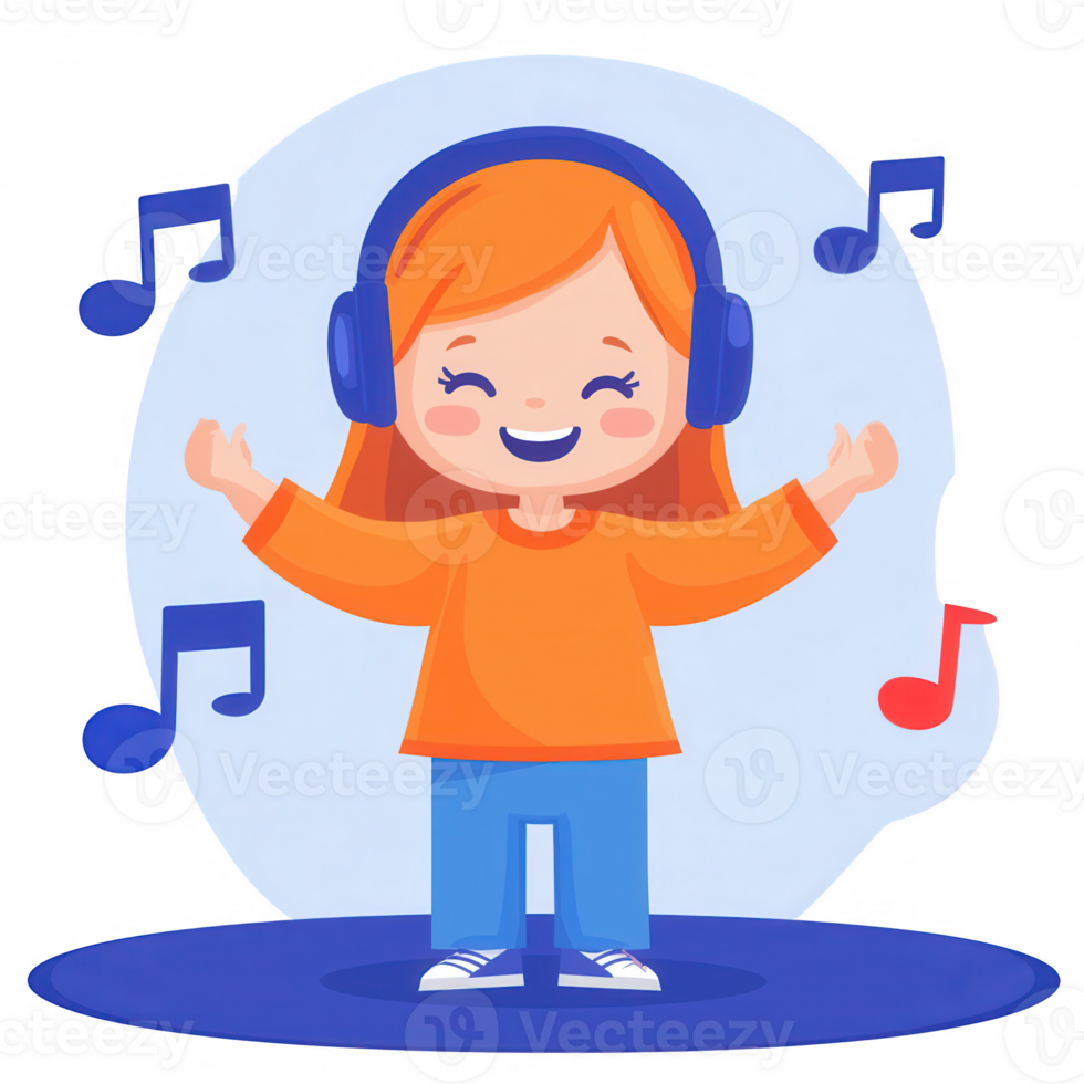 A cheerful girl enjoying music with headphones, expressing joy and happiness, surrounded by musical notes, on a blue circular background. png