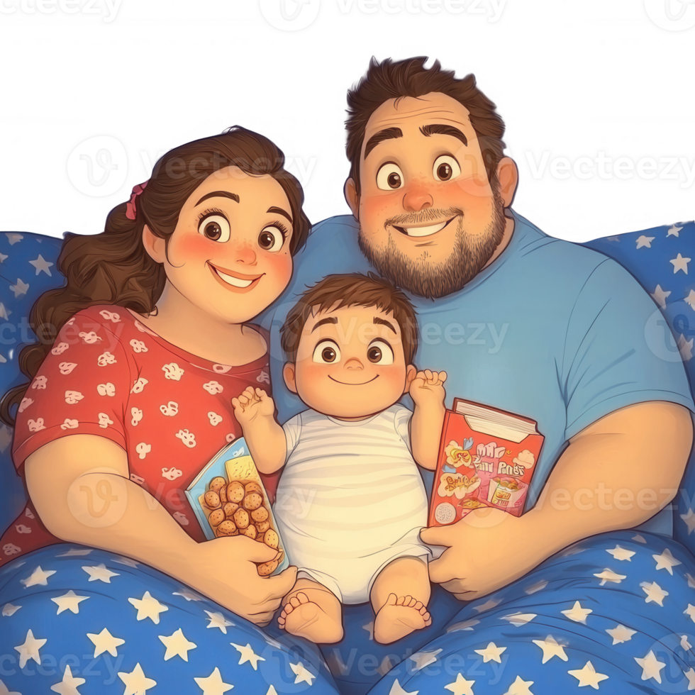 A cheerful family enjoying quality time together on a cozy couch, surrounded by playful snacks. The parents are lovingly interacting with their happy child. png