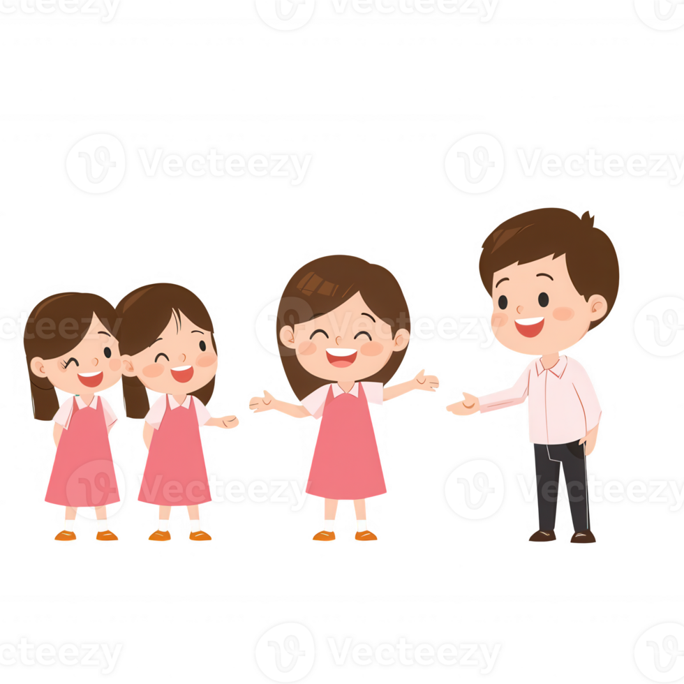 A cheerful illustration of a man welcoming three smiling girls. They are dressed in pink outfits, promoting a friendly and inviting atmosphere. png