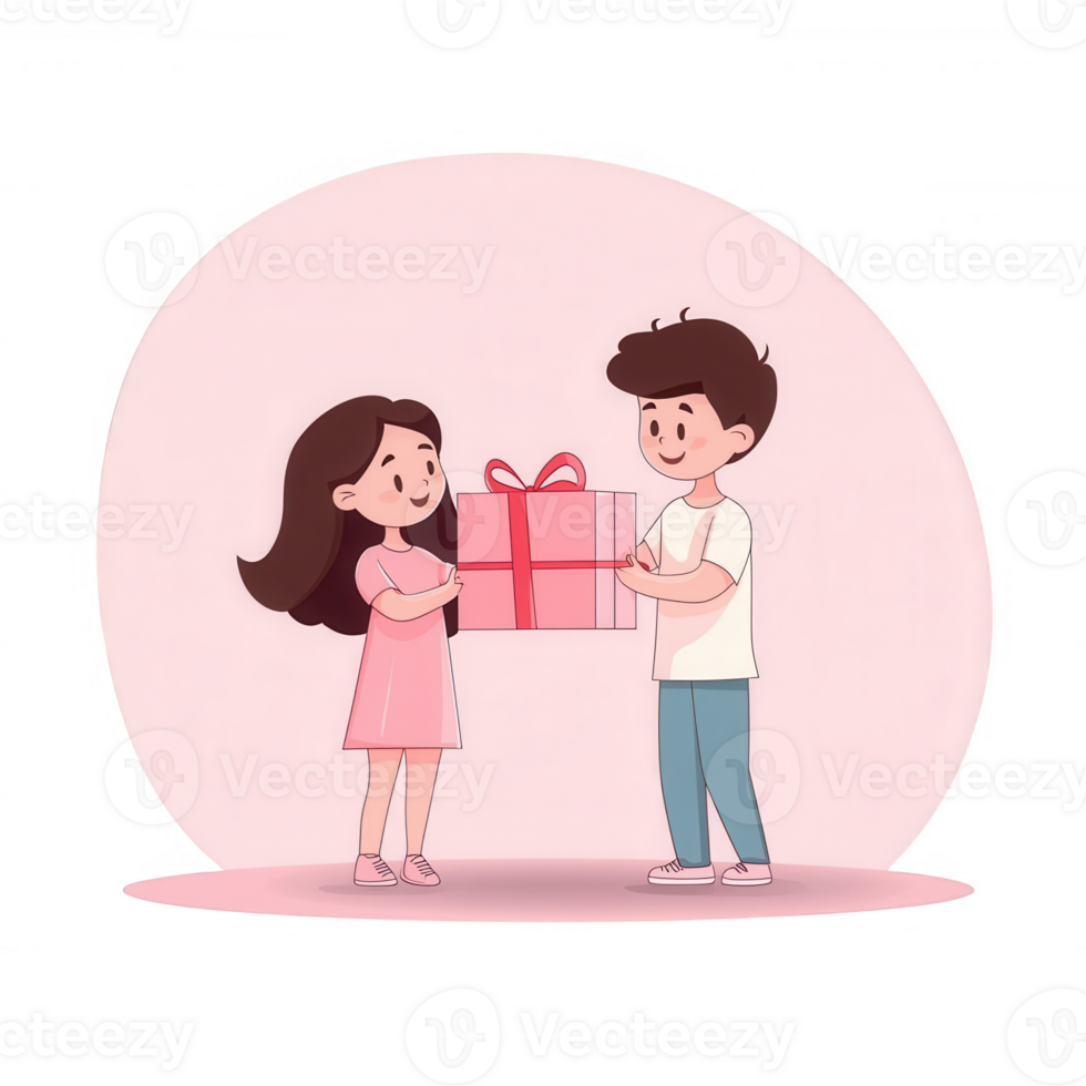 A cheerful illustration of a boy giving a gift to a girl, showcasing joy and friendship, set against a soft pink background. png