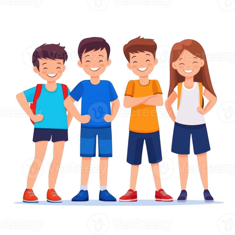 A cheerful group of four children standing together, each with different outfits, showcasing friendship and happiness. Perfect for educational and child-focused themes. png
