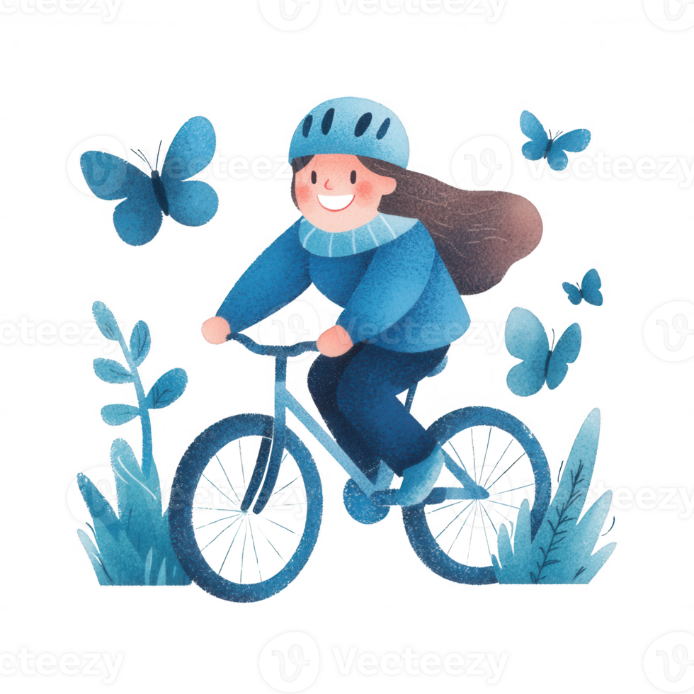 A cheerful girl riding a bicycle through a vibrant garden filled with butterflies and greenery, wearing a blue helmet and sweater, embodying the joy of outdoor activities. png