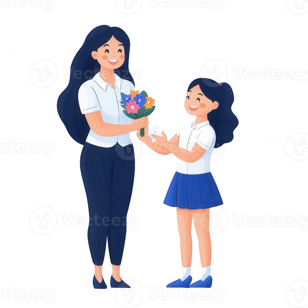 A cheerful illustration of a woman receiving a bouquet of flowers from a girl, symbolizing love and appreciation in a warm, friendly setting. png