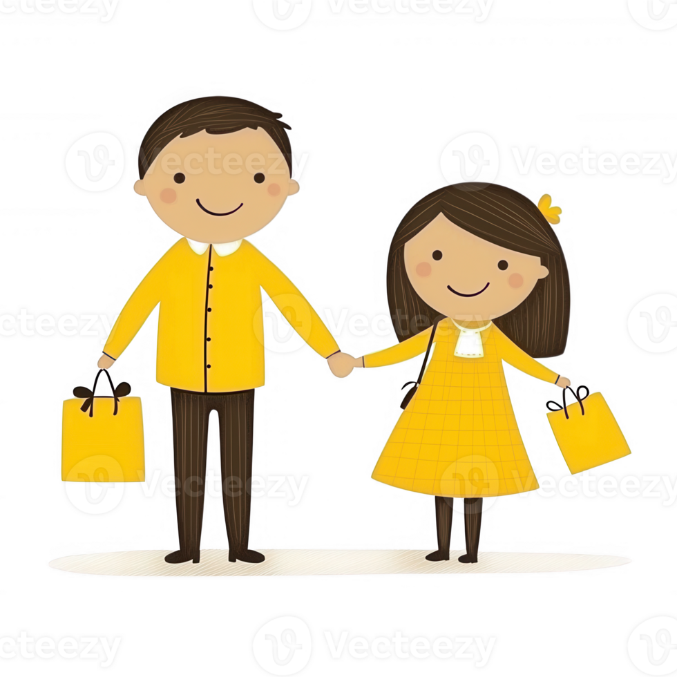 A cheerful illustration of a parent and child holding hands, both dressed in bright yellow outfits and carrying shopping bags, evoking joy and family bonding. png