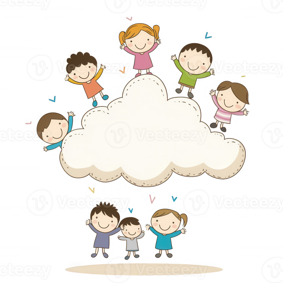 A cheerful illustration of children happily playing on a fluffy cloud, celebrating joy and creativity against a white isolated background. png