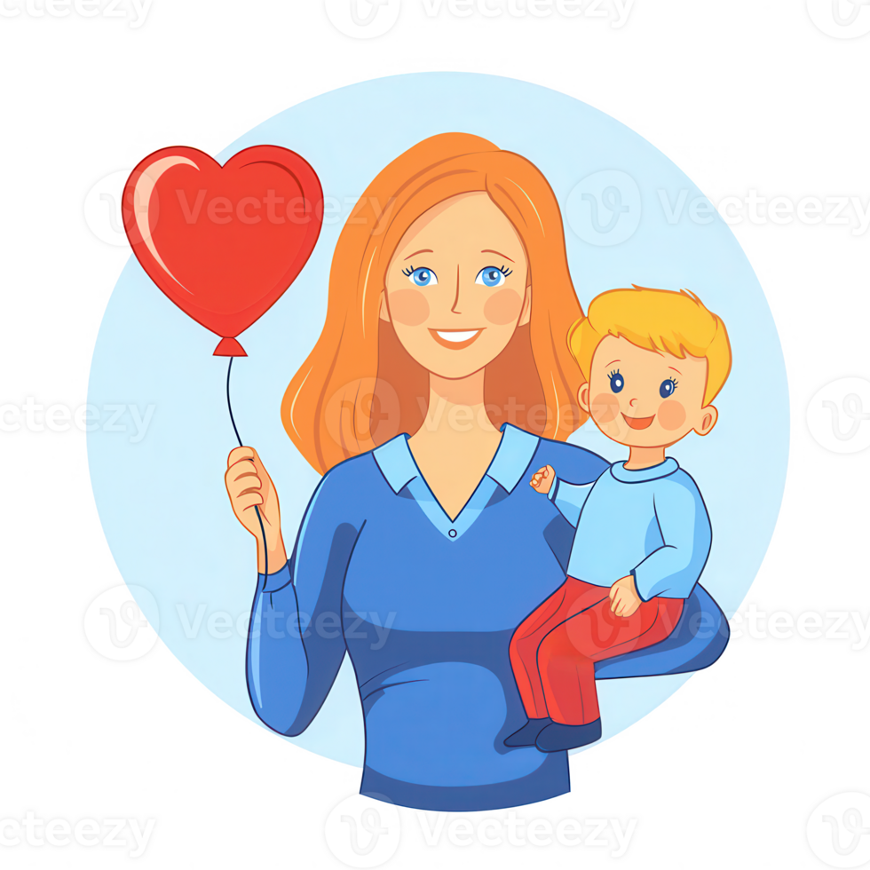 A cheerful mother holding a red heart balloon while carrying her happy child. The illustration conveys love and joy in family life, perfect for celebrations or parenting themes. png