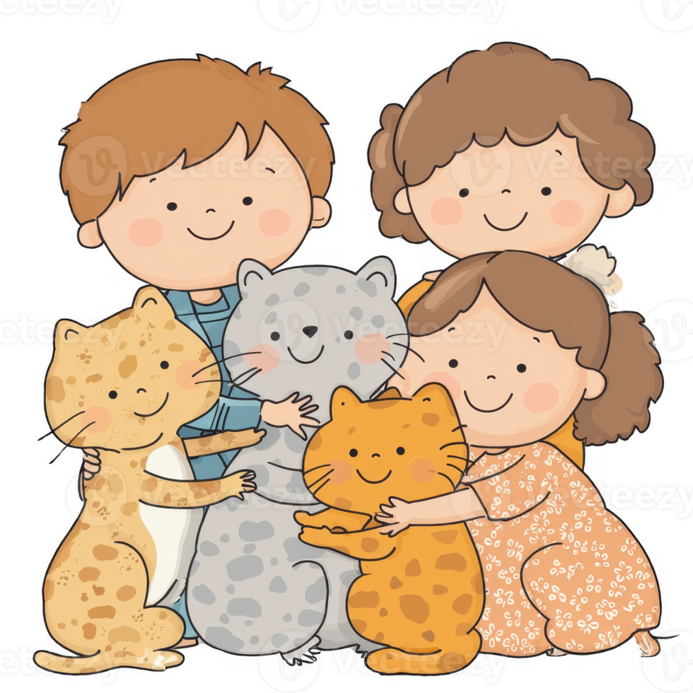 A cheerful group of children hugging their favorite pets, showcasing a playful connection between kids and animals, perfect for illustrating friendship and love. png