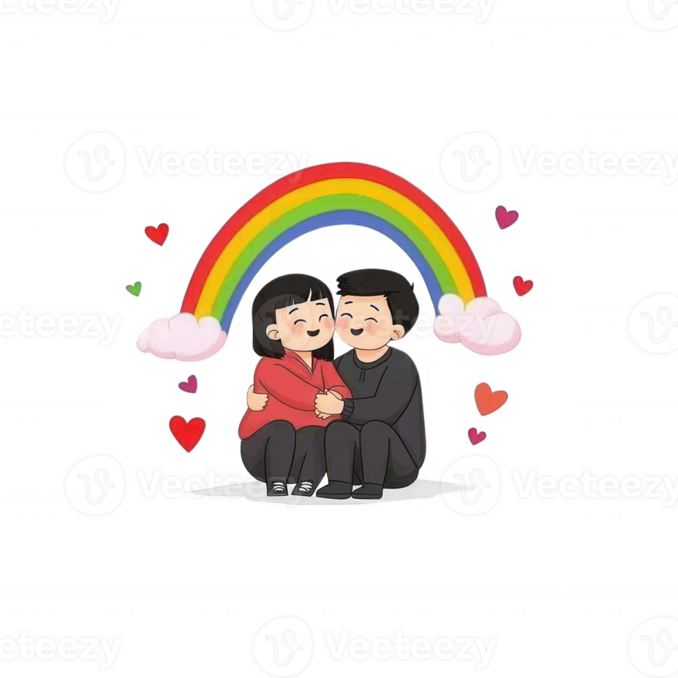 A cheerful illustration of two characters embracing under a vibrant rainbow with hearts, symbolizing love and acceptance. png