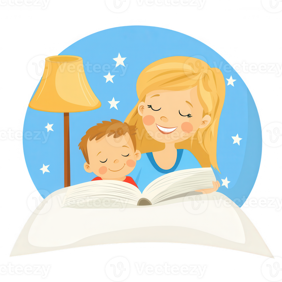 A cheerful mother reading a storybook to her joyful child before bedtime, illuminated by a warm lamp glow, surrounded by a cozy atmosphere filled with stars. png