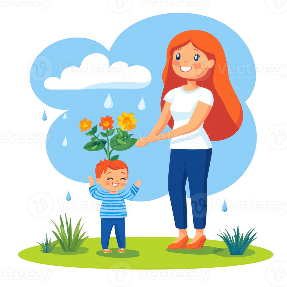A cheerful mother and her happy child standing in the rain, holding flowers under a colorful umbrella, surrounded by green grass and playful clouds, illustrating joy and nature. png