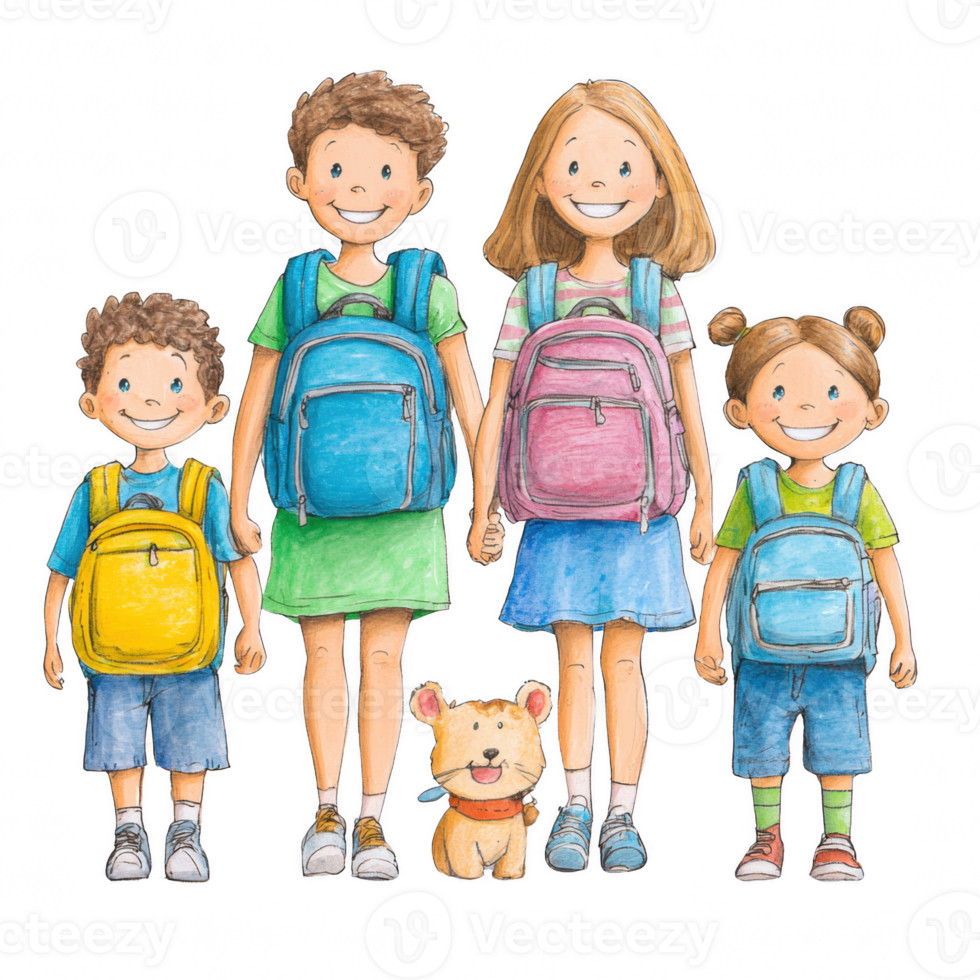 A cheerful group of four children standing together, each wearing a backpack png