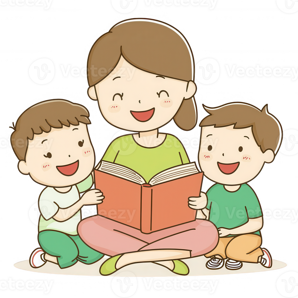 A cheerful mother reading a book to two happy children, engaged and enjoying storytime together. A warm and delightful scene capturing the joy of reading. png