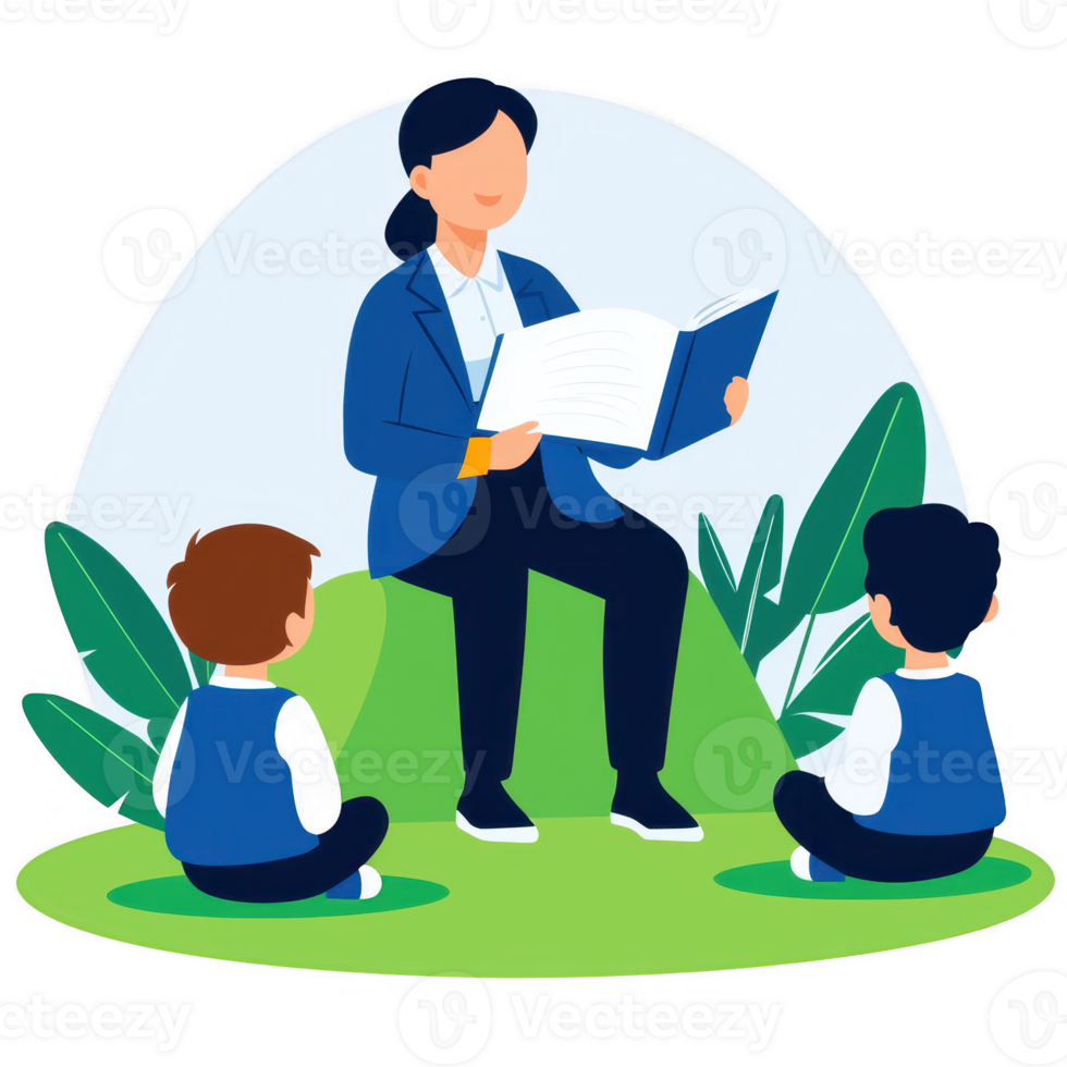 A cheerful teacher reads a storybook to two attentive children in a serene outdoor setting, surrounded by lush greenery, fostering a love for reading and learning. png