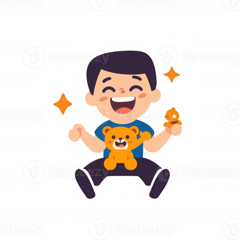 A cheerful young boy sitting on the floor, joyfully holding a teddy bear and a toy. His bright smile and playful demeanor radiate happiness and innocence. png
