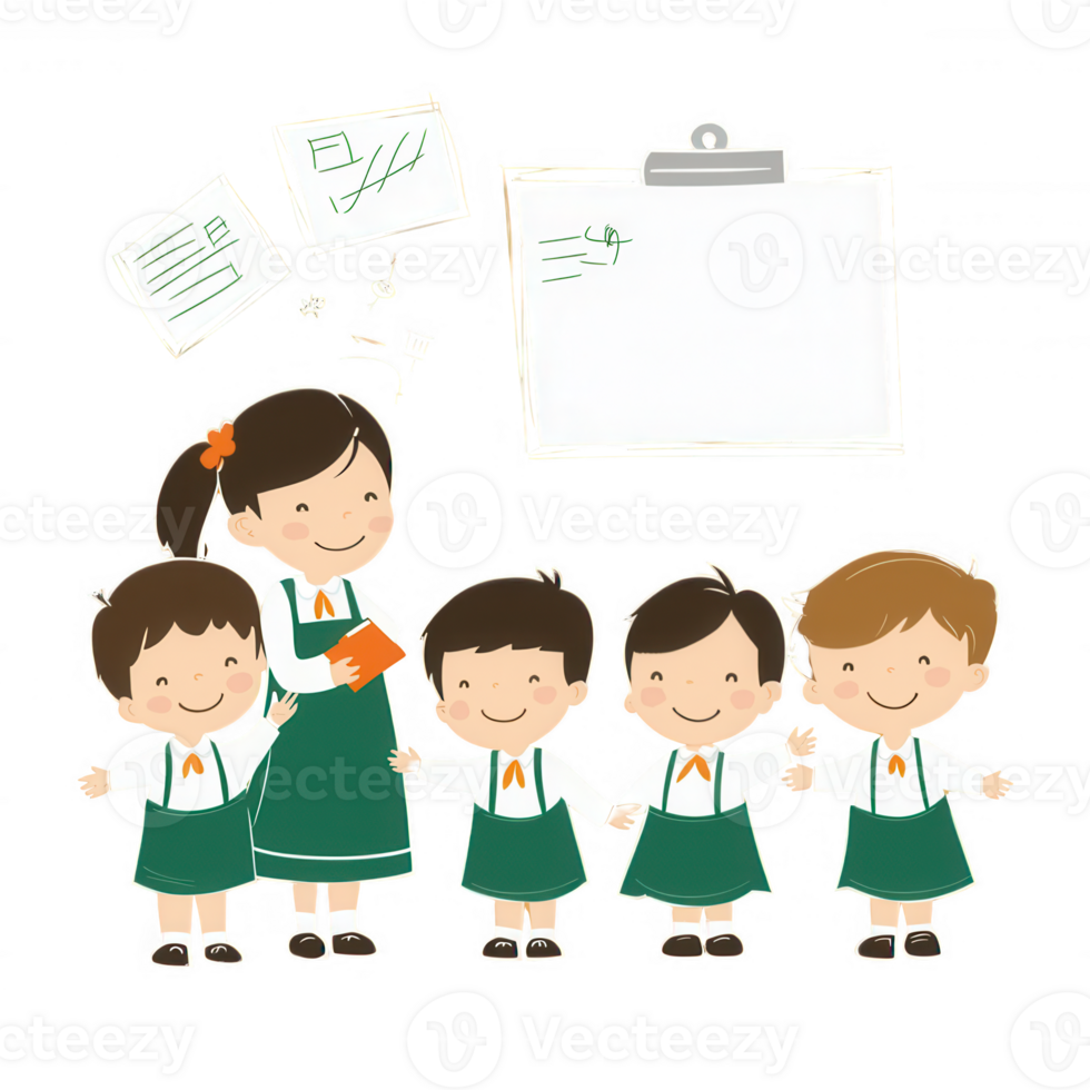 A cheerful teacher with four happy students in a school setting, surrounded by educational materials and a clipboard, showcasing a positive and engaging classroom environment. png