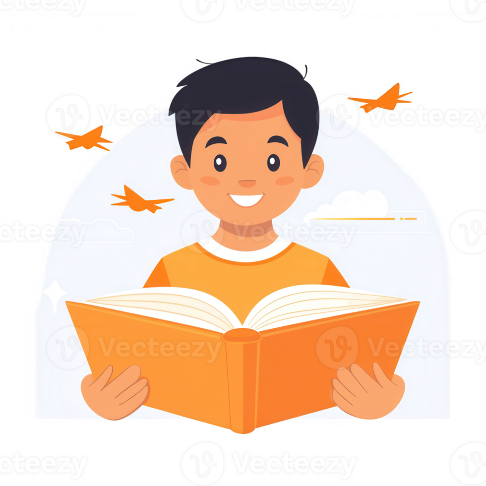 A cheerful young boy reading a book outdoors, surrounded by flying birds, symbolizing the joy of learning and exploration. png
