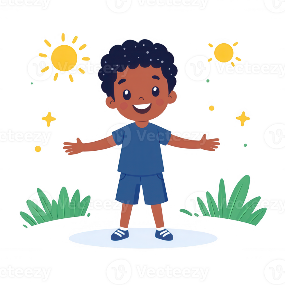 A cheerful young boy standing with arms open wide, smiling brightly. Surrounded by sun and playful elements, representing joy and freedom in a playful environment. png