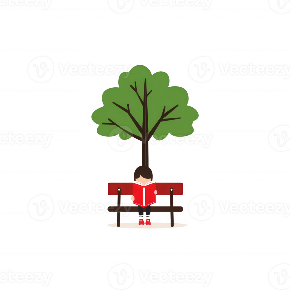 A child sitting on a red bench under a lush green tree, immersed in reading a book, surrounded by nature's tranquility. png