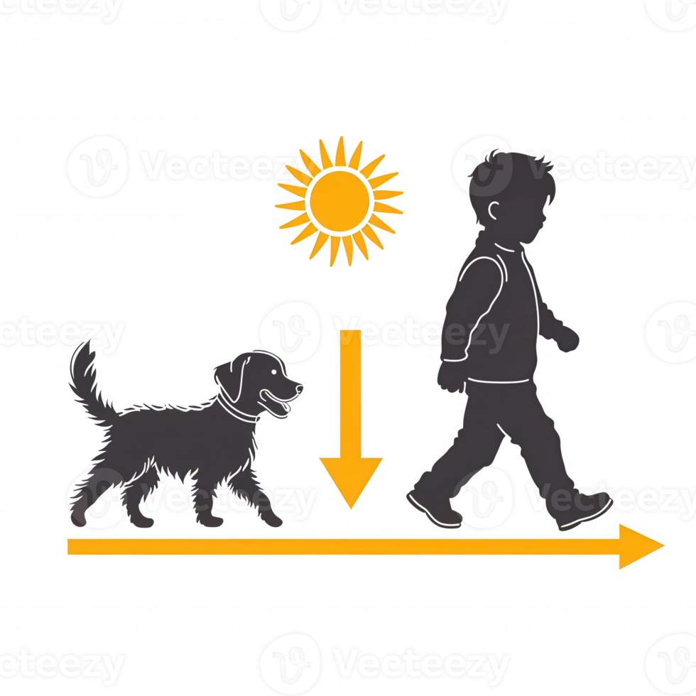 A child walking a dog under the sun, represented in an illustrated style. Bright elements symbolize a joyful outdoor experience. png