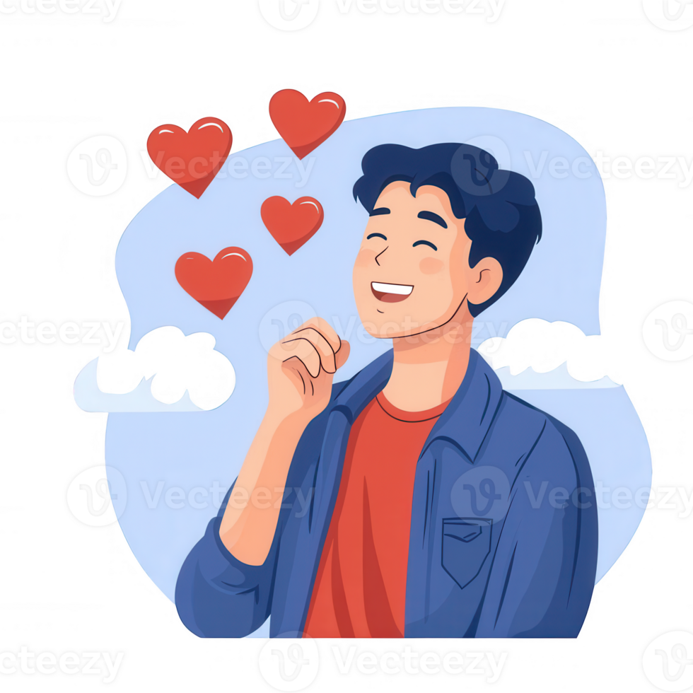 A cheerful young man expresses happiness and affection, surrounded by colorful hearts, in a light and playful illustration with a soft blue background. png