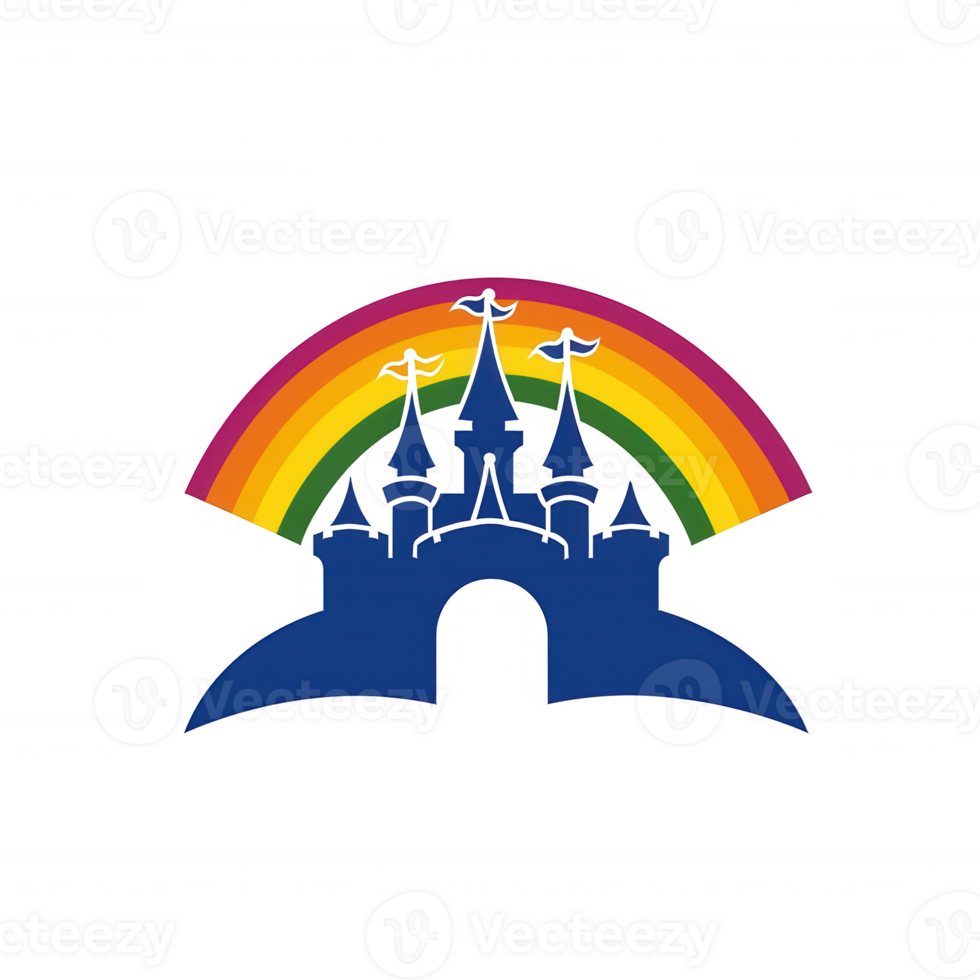 A colorful illustration of a castle silhouette with a vibrant rainbow arching above, representing magic and imagination, perfect for creative and whimsical themes. png