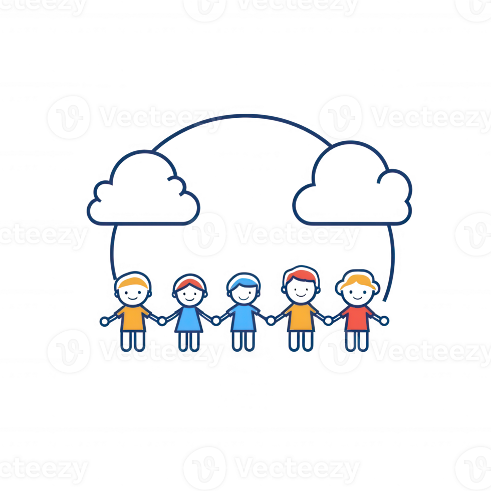 A colorful illustration of diverse characters holding hands under clouds, symbolizing unity, friendship, and community among different cultures. png