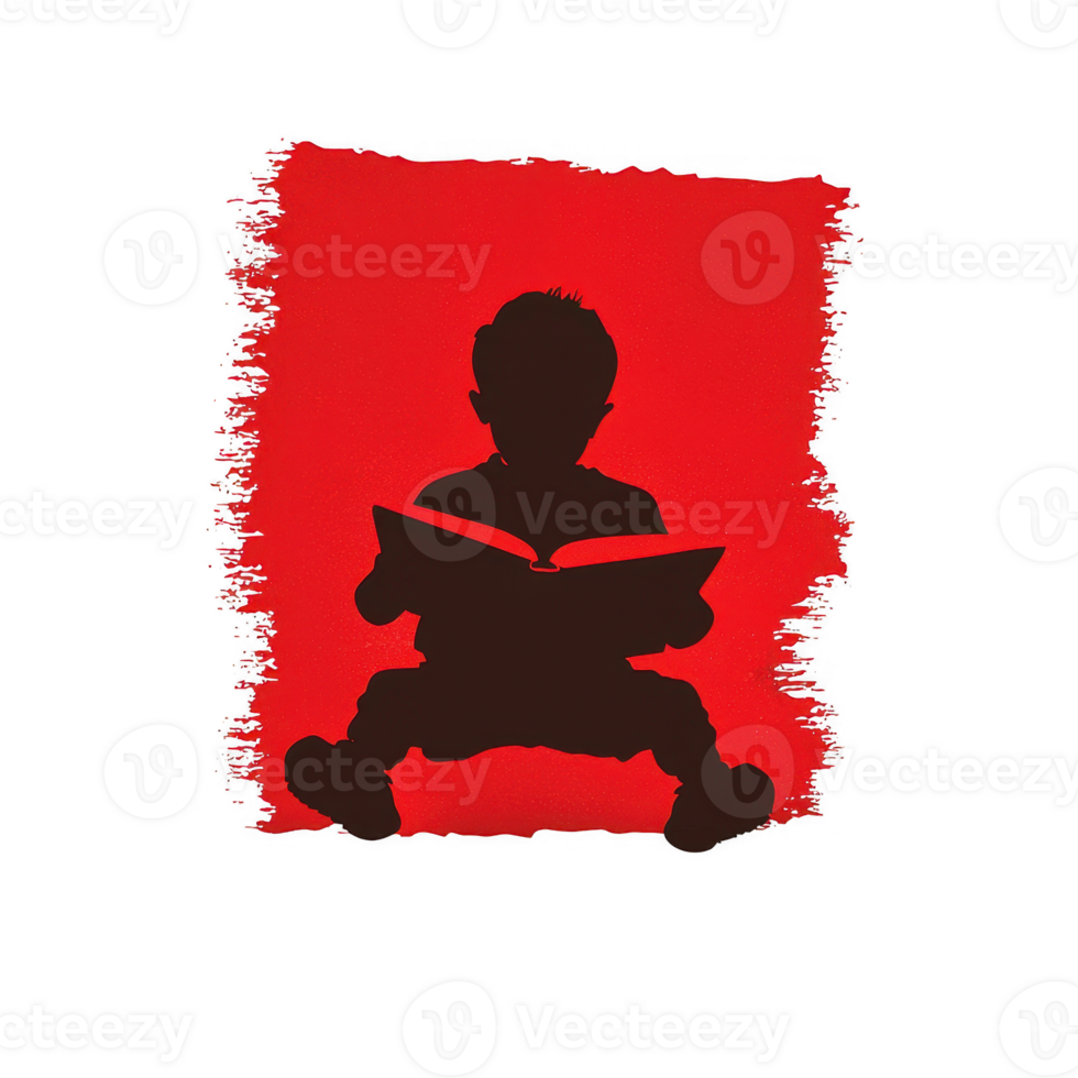 A child silhouette reading a book against a red background, emphasizing the joy of reading and imagination. png
