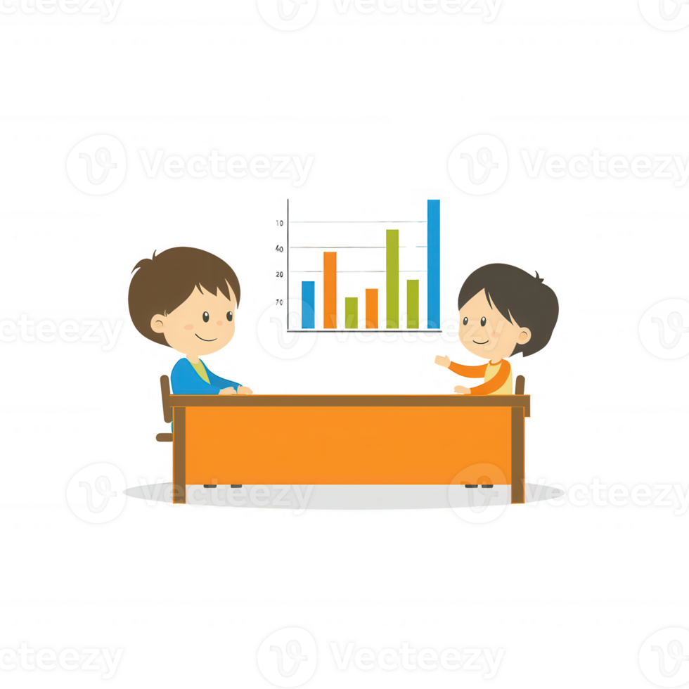 A colorful illustration of two characters discussing data at a table, with a bar graph in the background, representing teamwork and analysis in a friendly atmosphere. png