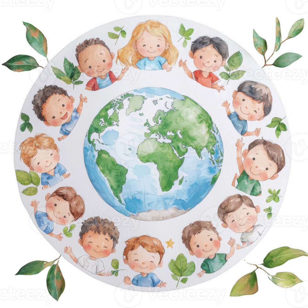 A colorful illustration featuring diverse children surrounding a globe, celebrating unity and environmental awareness with leafy accents, ideal for educational purposes. png