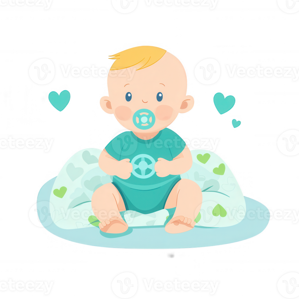A cute baby sitting on a soft pillow, holding a toy, surrounded by hearts. Perfect for representing love and innocence in lifestyle designs. png