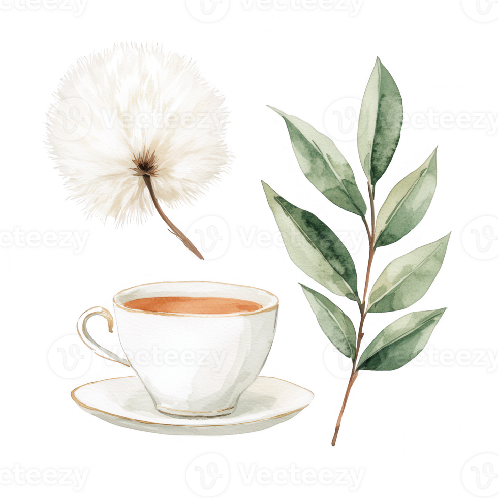 A cozy scene featuring a teacup, a fluffy flower, and a green leaf, perfect for conveying relaxation and natural beauty. png