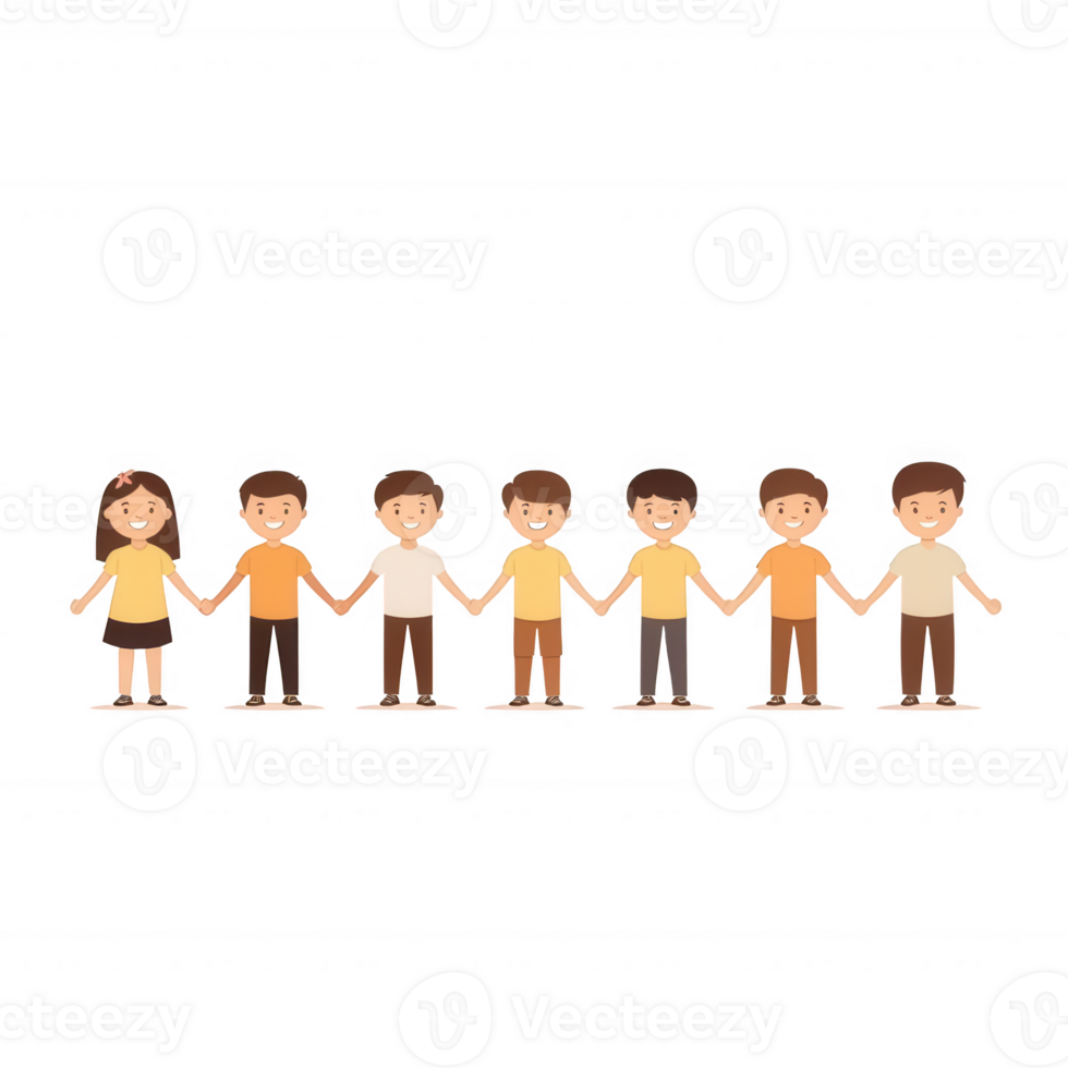 A diverse group of children holding hands, symbolizing friendship and unity, standing together against a white background. png