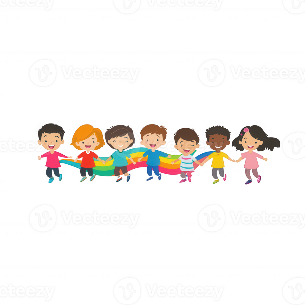 A diverse group of children joyfully holding hands, demonstrating unity and friendship, on a colorful rainbow background. png