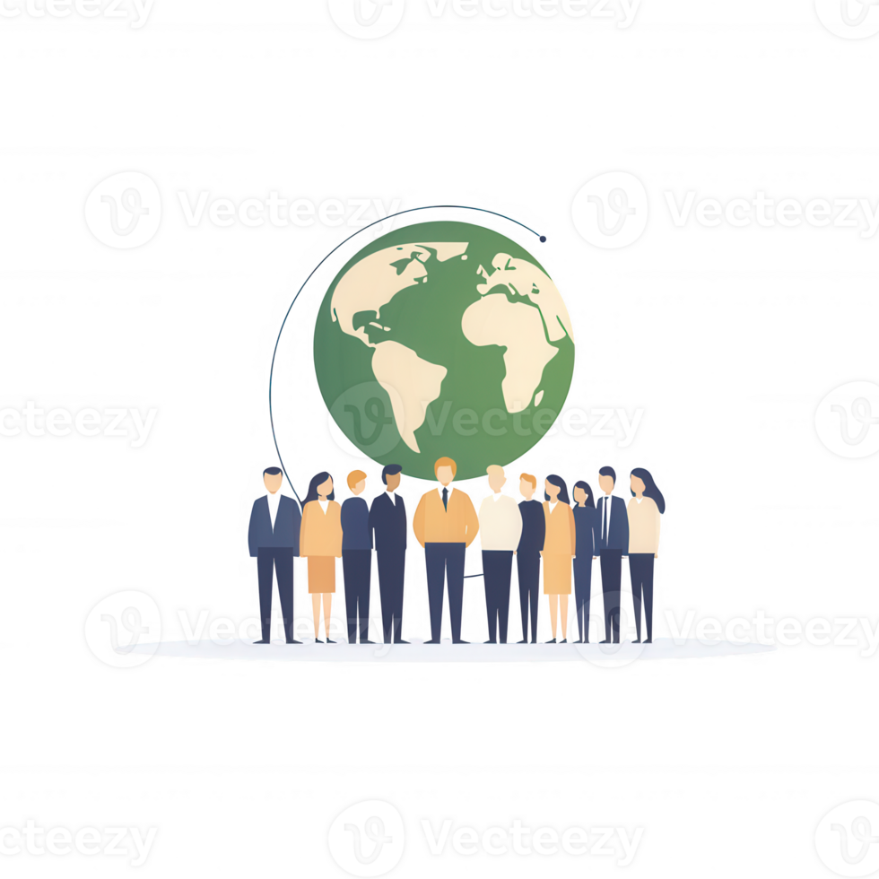 A diverse group of individuals standing together, unified by their connection to the planet. Encircled by a stylized globe, representing global community and collaboration. png