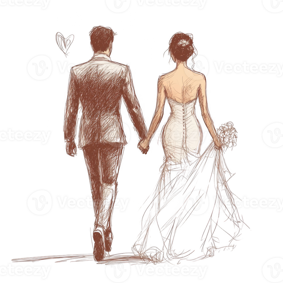 A couple walks hand in hand, radiating love and joy. The bride in a stunning gown holds a bouquet, while the groom in a classic suit represents romance and partnership. png
