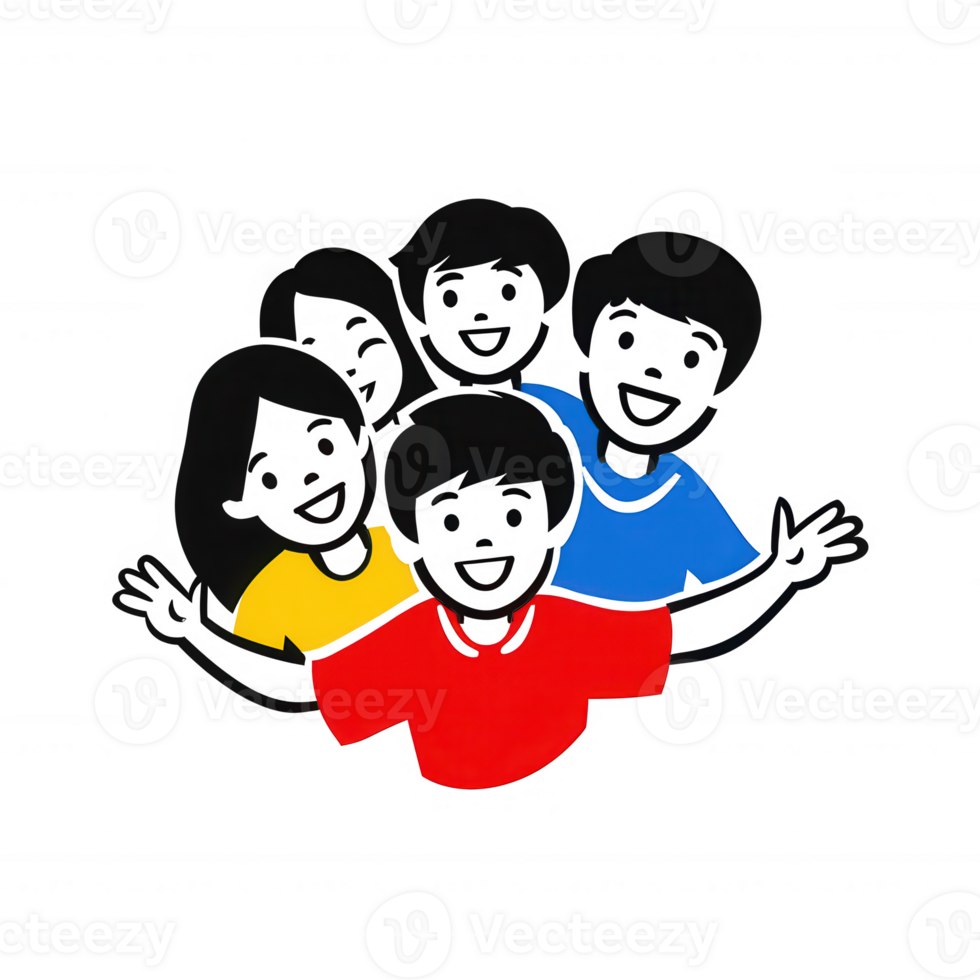 A diverse group of friends joyfully posing together. They are smiling and wearing colorful shirts, showcasing friendship and togetherness against a white isolated background. png