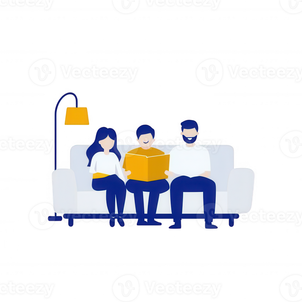 A family enjoys quality time together on a cozy sofa, engaged in reading a book. The warm atmosphere is enhanced by a stylish lamp, showcasing a modern living space. png