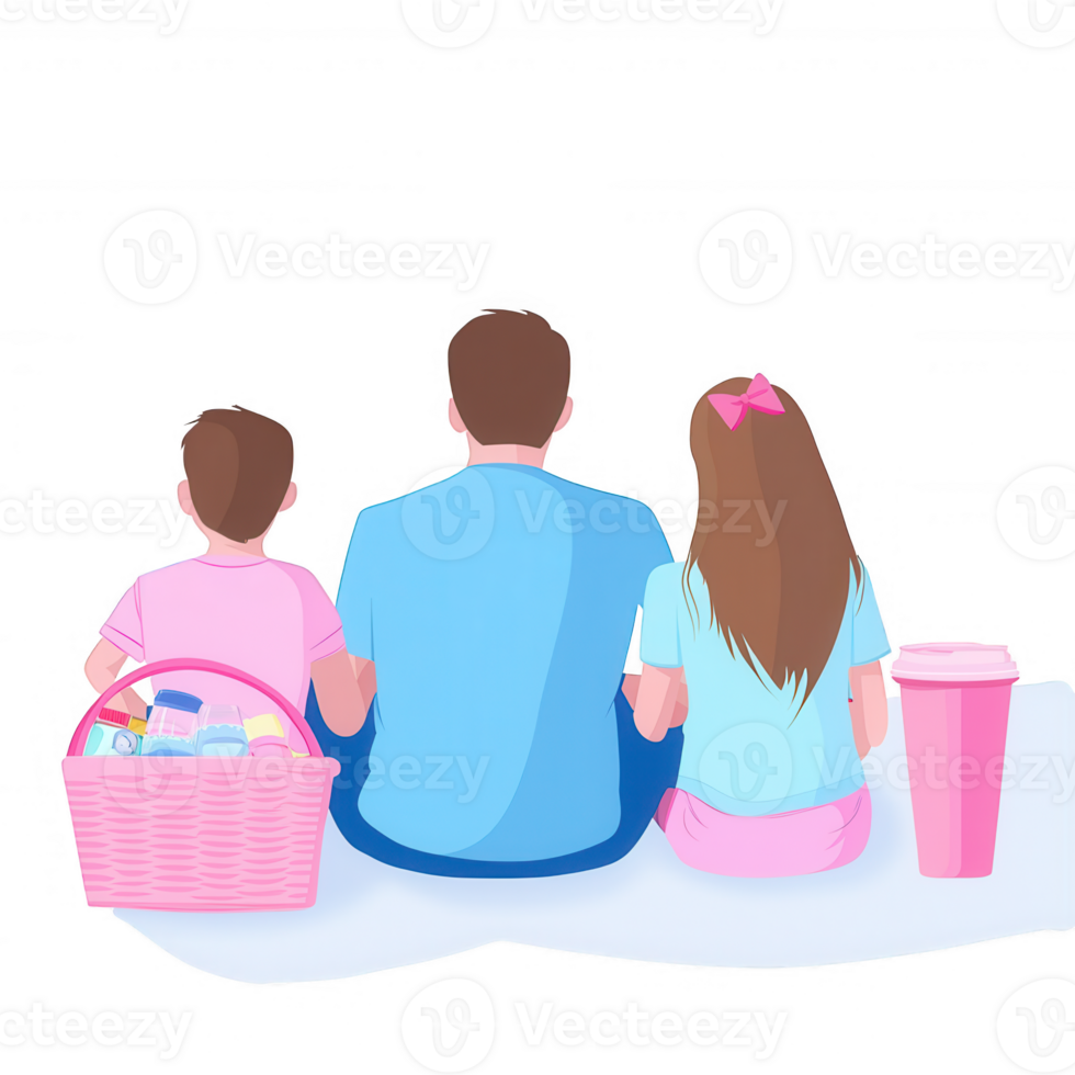 A family enjoying a relaxing day together, seated on the ground with a picnic basket and drink. The scene captures the essence of togetherness and leisure time. png