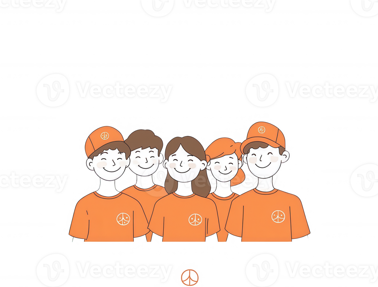 A group of five cheerful individuals wearing matching orange t-shirts and hats, standing together with smiles. Perfect representation of teamwork and camaraderie. png
