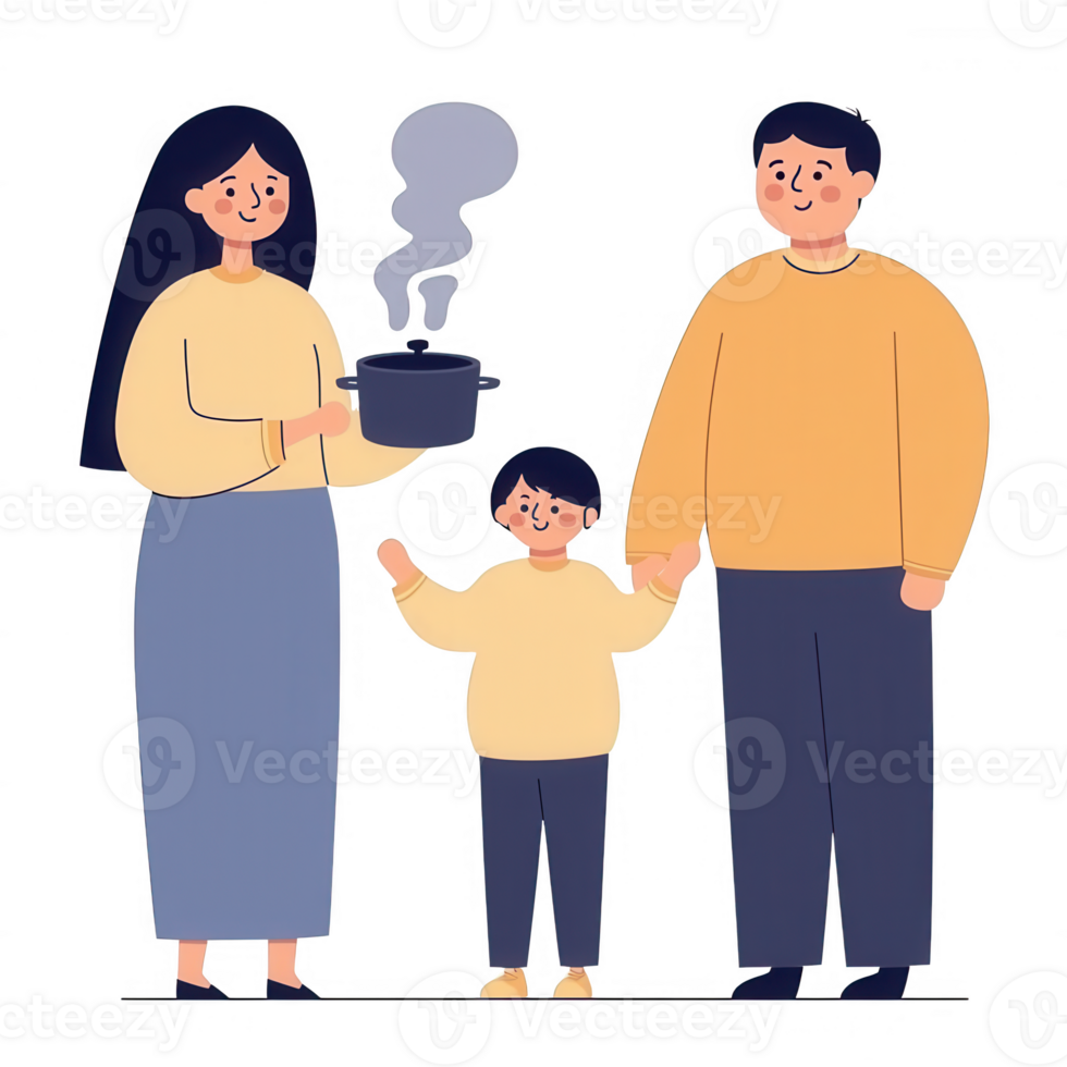 A family enjoying cooking together, with a woman holding a steaming pot and two smiling members by her side, symbolizing togetherness and joy in the home. png