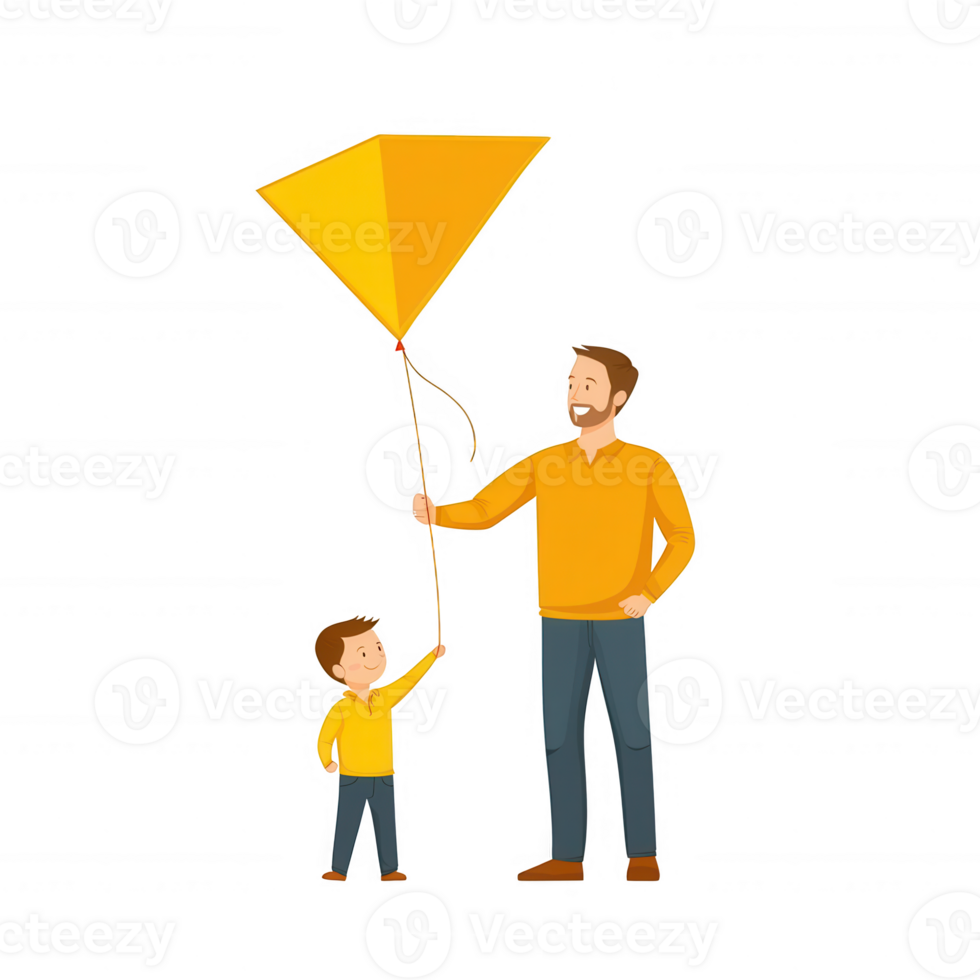 A father and son flying a yellow kite together, showcasing moments of joy and bonding. Ideal for depicting family fun and outdoor activities. png