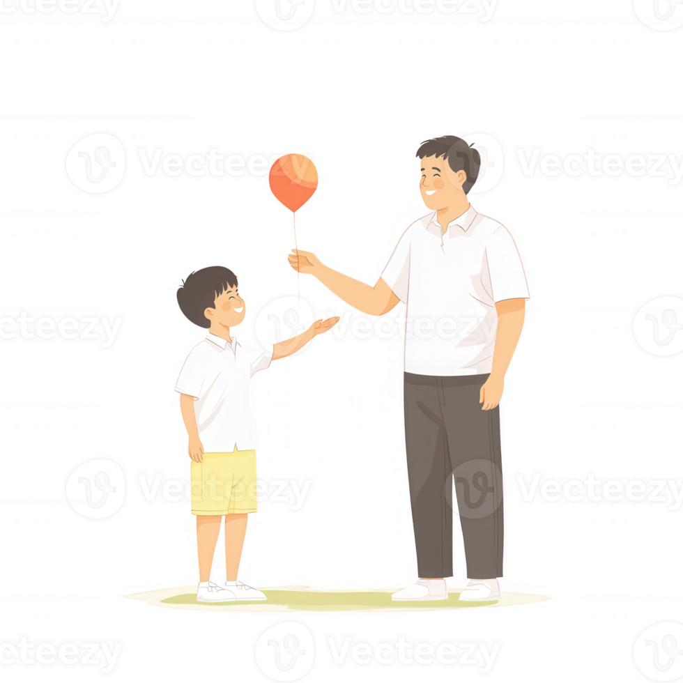 A father handing a balloon to his son, depicting a joyful moment between parent and child, set against a white isolated background. png