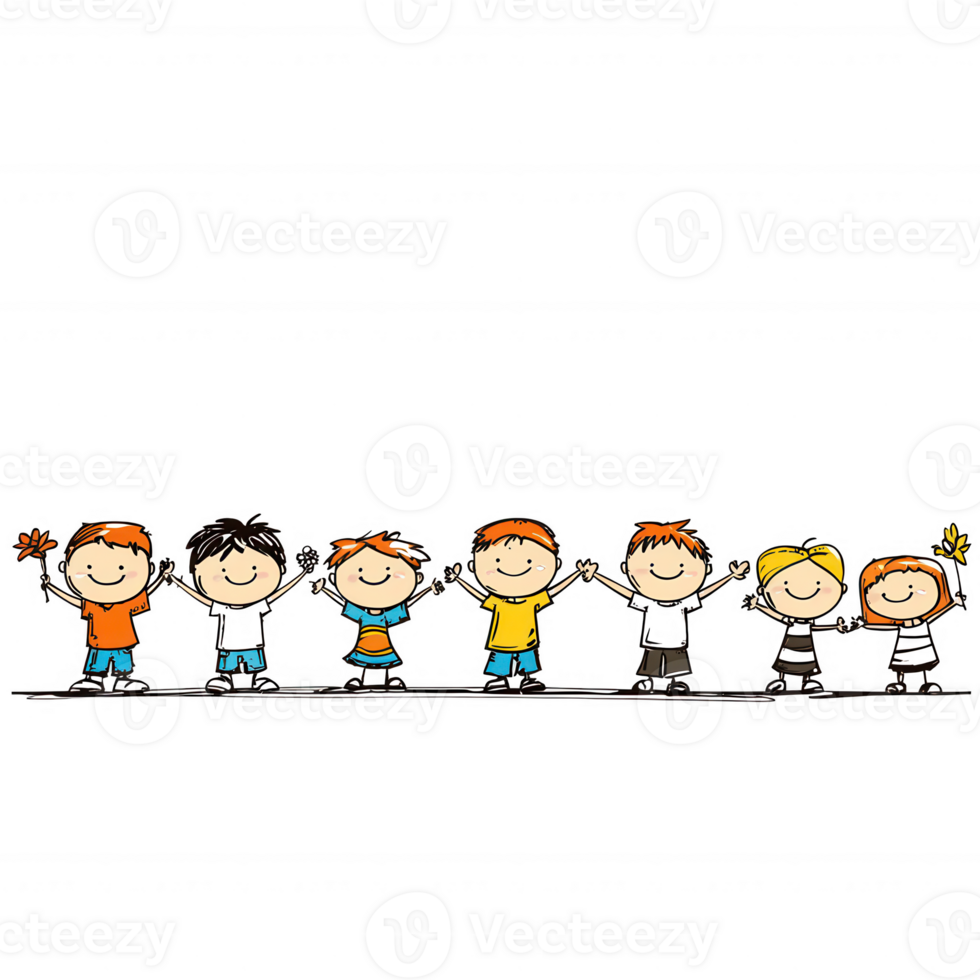 A group of cheerful children standing together, exhibiting joy and camaraderie, ideal for illustrating friendship and childhood happiness. png