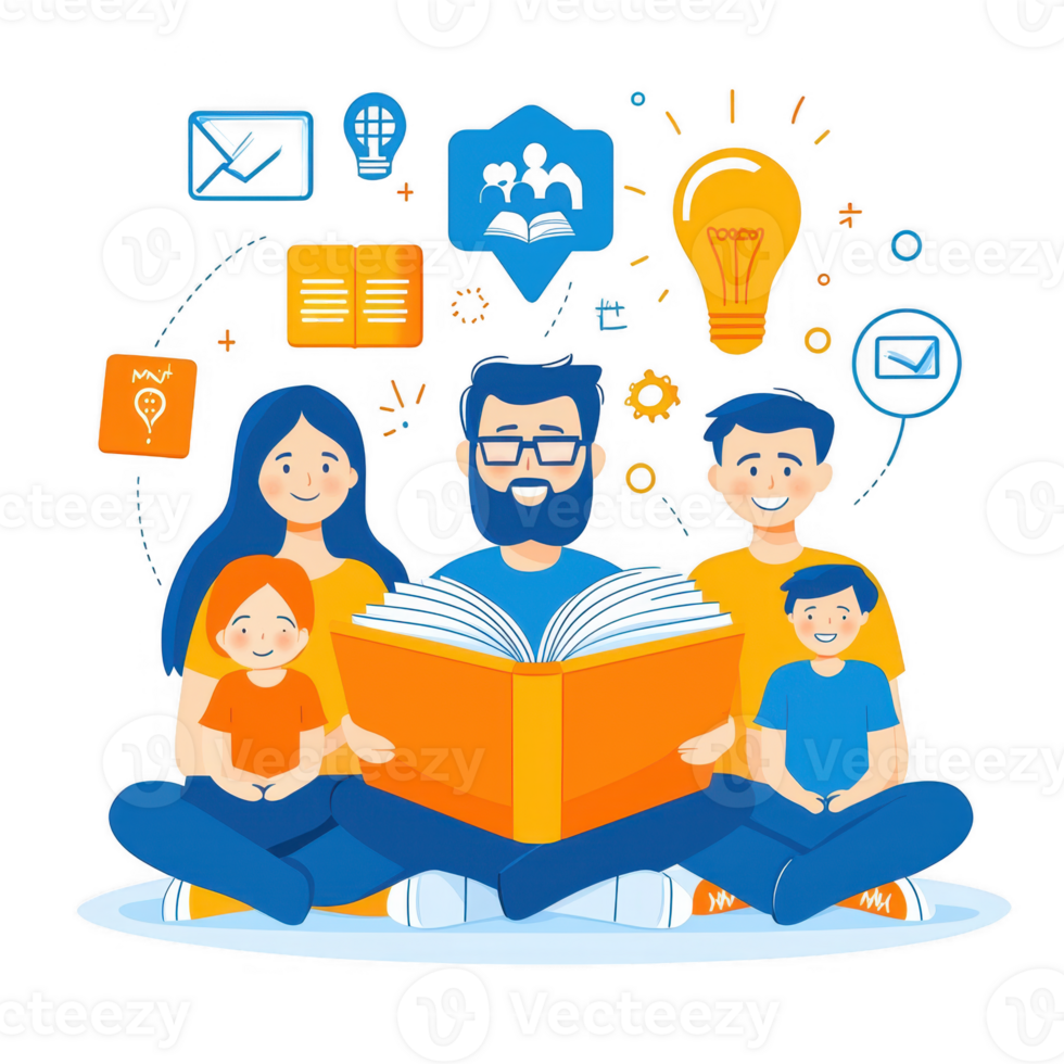 A family of four sits together, joyfully reading a large book. Colorful icons around them represent knowledge and creativity, capturing the essence of shared learning. png