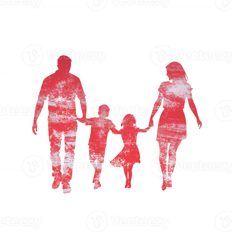 A family silhouette walking hand in hand, featuring two adults and two children. Ideal for representing love, togetherness, and family unity, against a transparent background. png